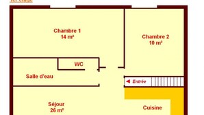 Een plattegrond van een hotel met twee kamers (14 m² en 10 m²), een badkamer, een keuken, een eetruimte, een badkamer en een balkon.