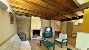 A living room with a fireplace, green furniture, and a television. - La Marelle - VILLEROUGE TERMENES (VILLEROUGE TERMENES)