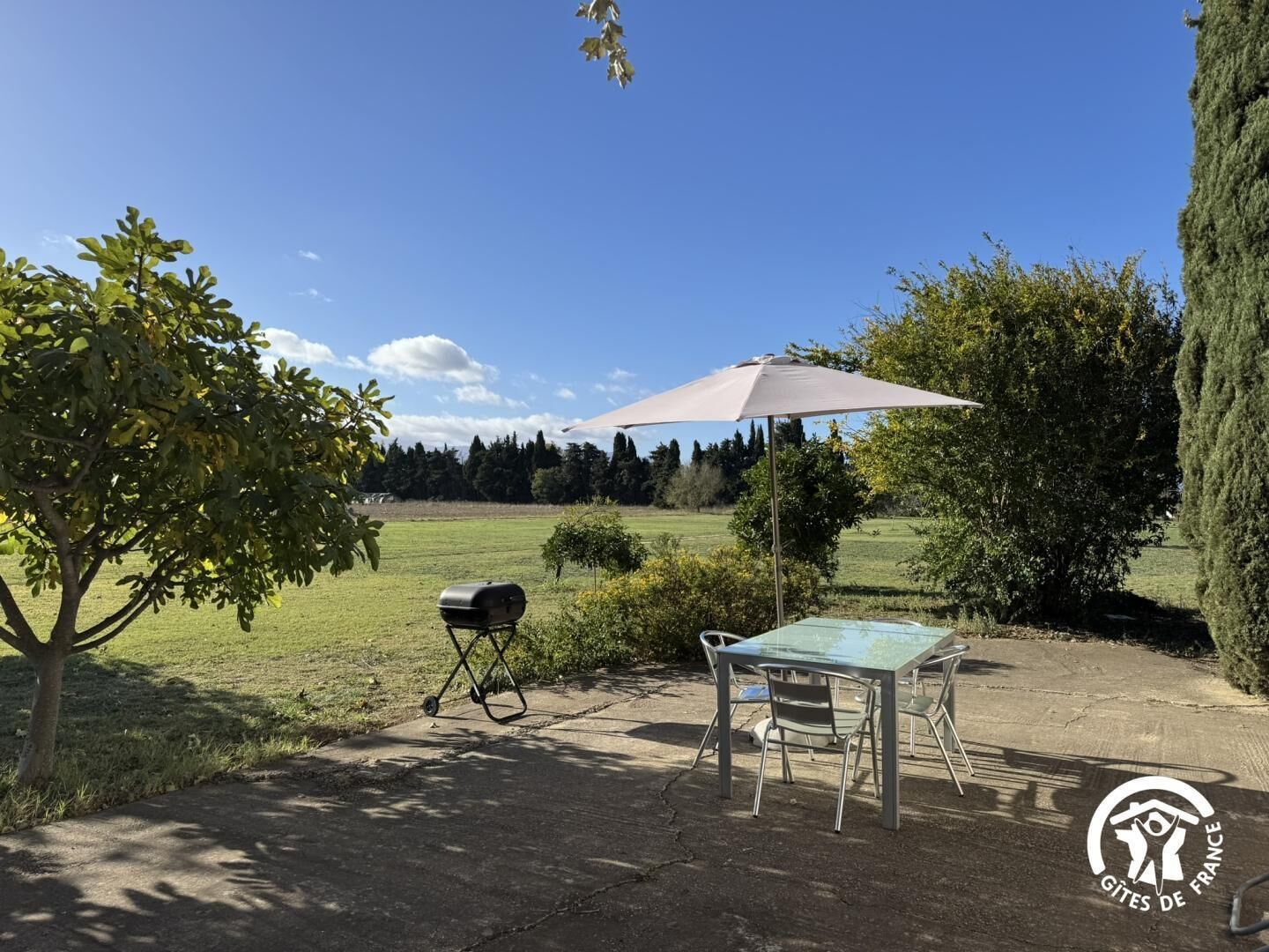 Eine Terrasse im Freien mit Tisch, Stühlen, einem Grill und einem Sonnenschirm.