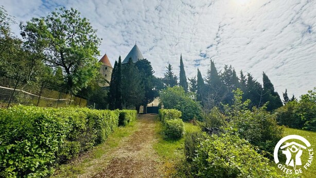 A pathway leading to a historic building with a conical roof, surrounded by lush greenery and tall trees. - Le Clos de la Tour - CARCASSONNE (CARCASSONNE)