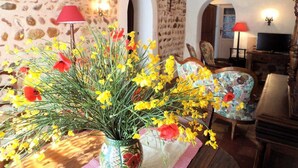 A rustic room with stone walls, a wooden ceiling, a floral vase on a table, a chair, and a television. - Dona Lucrècia - PONTEILLA (PONTEILLA)