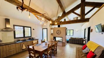Un amplio espacio de estar con una mesa de comedor de madera, un sofá con cojines y una chimenea.