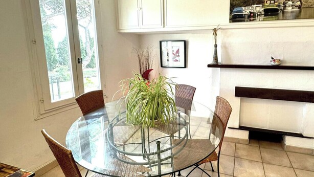 A dining area with a glass table, wicker chairs, and a potted plant. - Chai du Canal - SALLELES D'AUDE (SALLELES D AUDE)