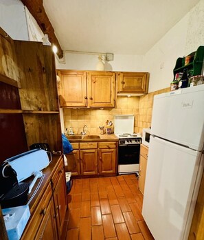 A compact kitchen with wooden cabinets, a stove, a sink, and a refrigerator.