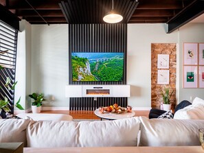 TV, fireplace, books, stereo - StayAwhile: The Mass St Retreat (Lawrence)