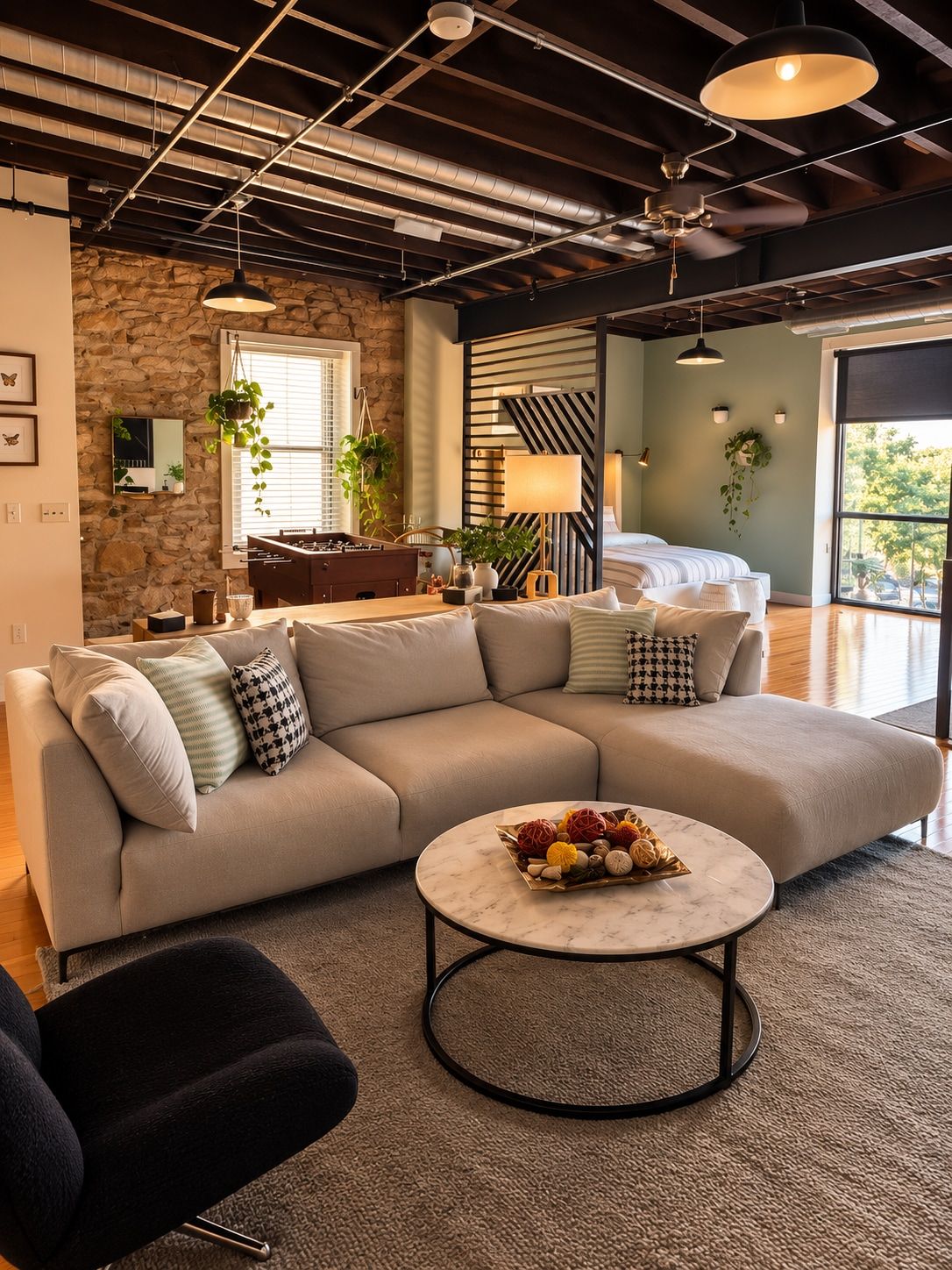 Living room with exposed brick, beamed ceilings, and sectional