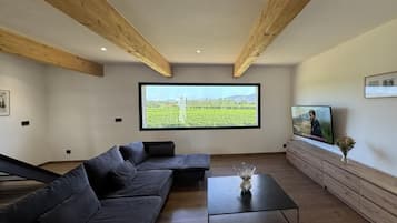 A modern living room with a large window, a sofa, a coffee table, and a TV.