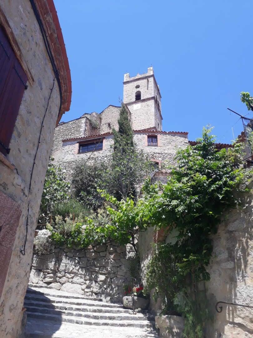 A stone building with a tower, a staircase leading up to it, and surrounding greenery.