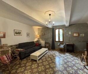 Een woonkamer met een bank, salontafel, rieten stoelen, een televisie en een open haard.