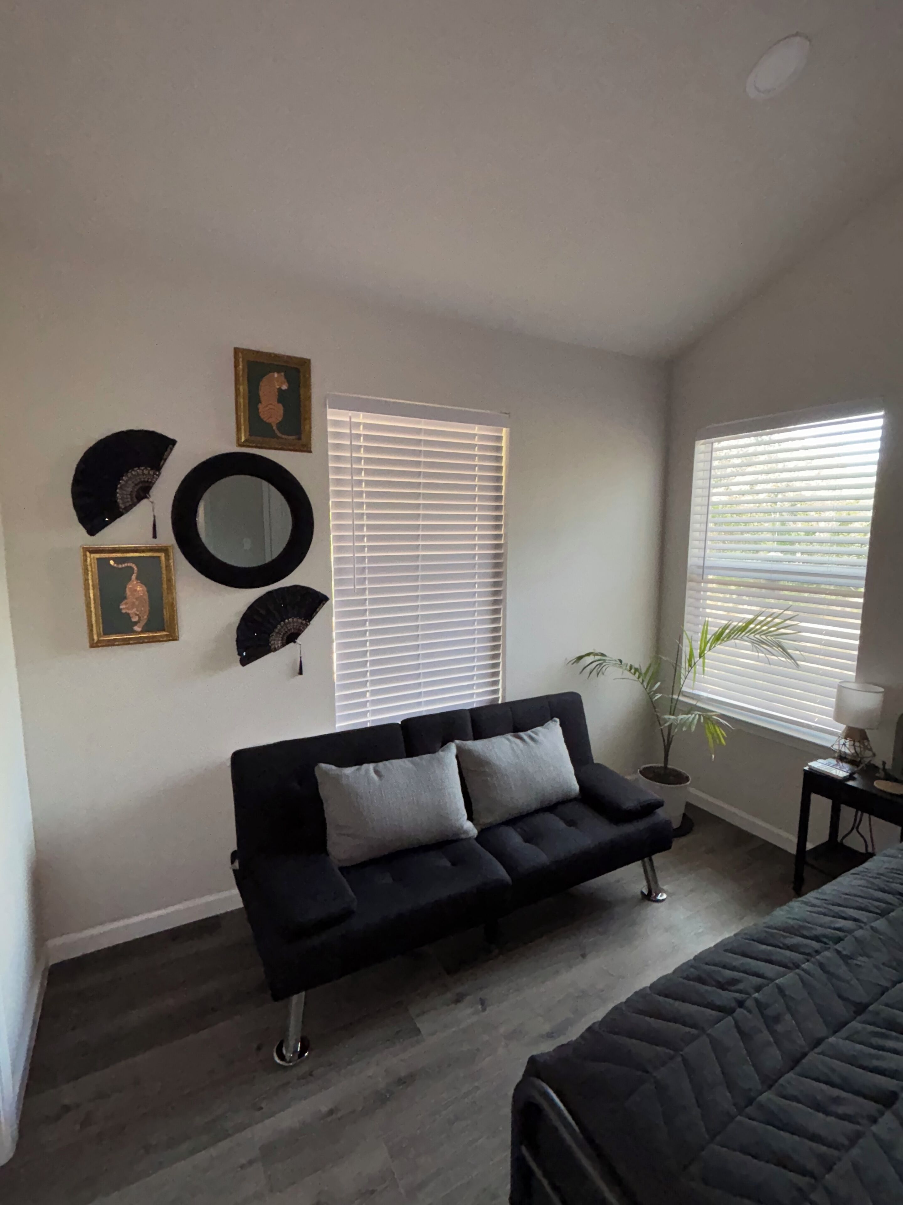 A bedroom with a black sofa, a bed, a potted plant, and a window with blinds.
