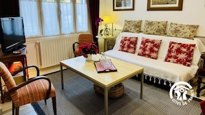 A cozy living room with a sofa, a coffee table, a TV, and a window with curtains. - Saint Genes - CAUNES MINERVOIS (CAUNES MINERVOIS)