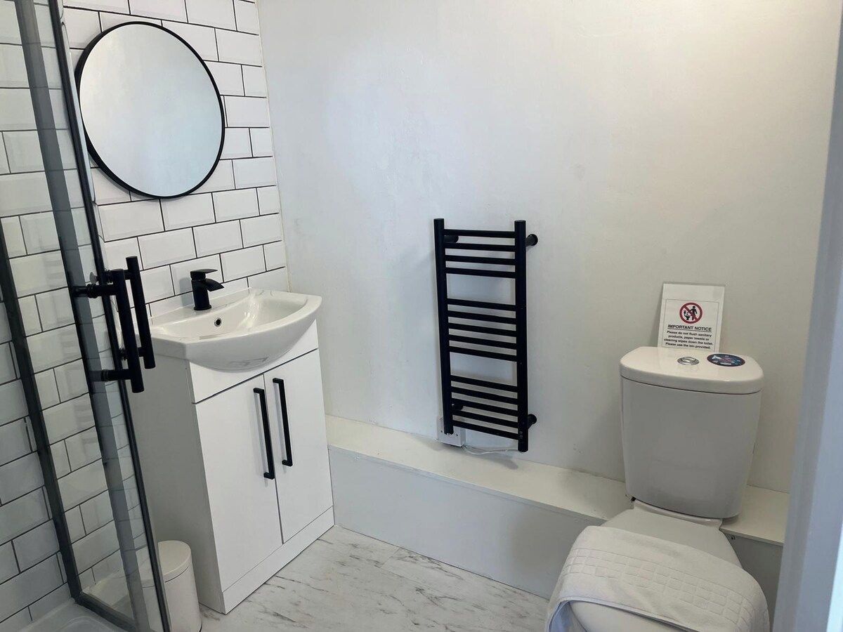 A bathroom with a white sink, a mirror, a black towel rack, and a toilet.