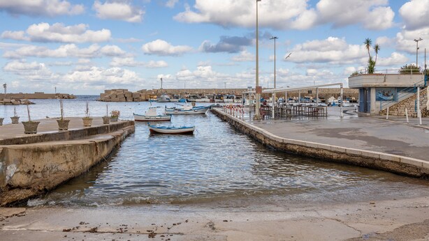 A marina with boats docked, a pier, and a building with a staircase. - Casa Lucid'amare Relaxation with Private Terrace, Wi-Fi & Air Conditioning (isola delle femmine)