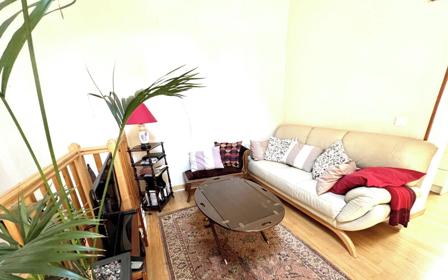 A living room with a sofa, a coffee table, a plant, a lamp, and a bookshelf.