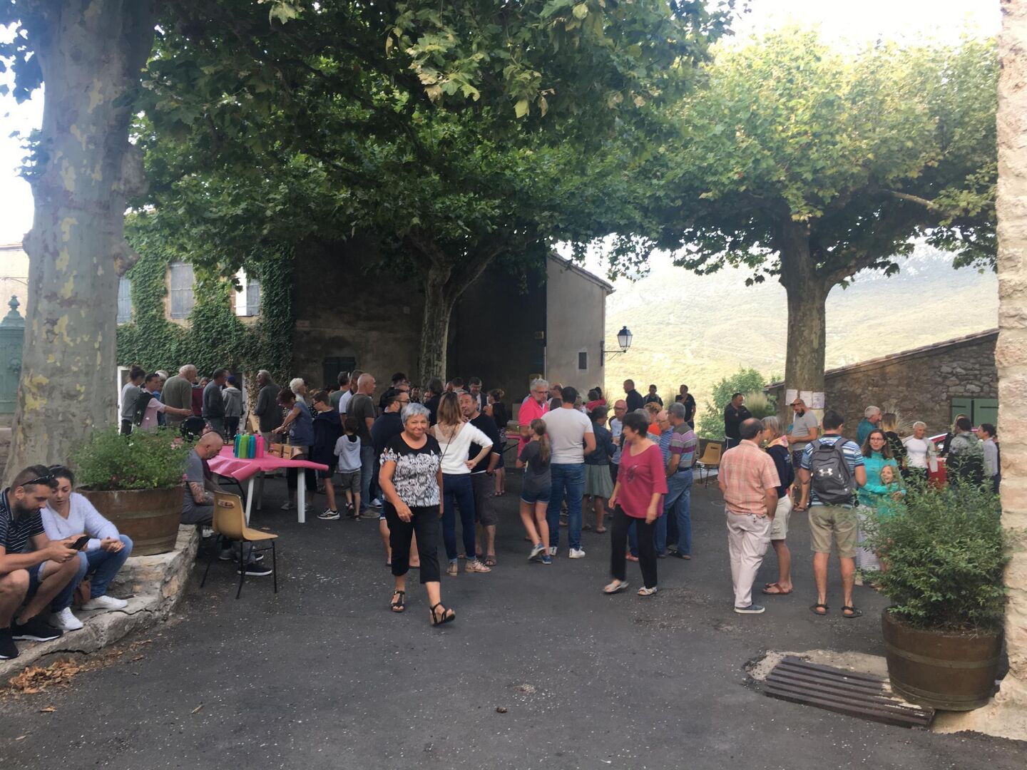 A courtyard with people gathered around a table, surrounded by trees and stone walls.