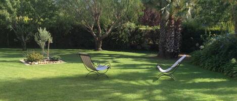 A well-maintained lawn with two outdoor chairs and a variety of trees and shrubs.