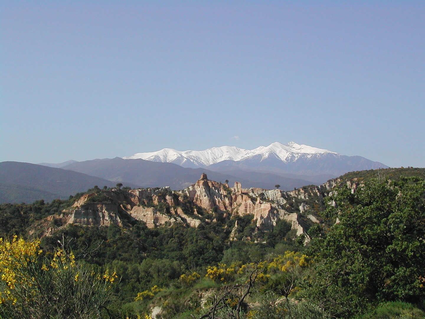 A mountainous landscape with snow-capped peaks in the distance, rocky outcrops, and dense green vegetation in the foreground.