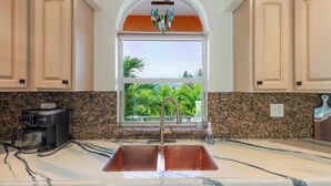 Una cocina con un lavamanos doble, una cafetera, una ventana con vistas a la vegetación y un adorno colgante.