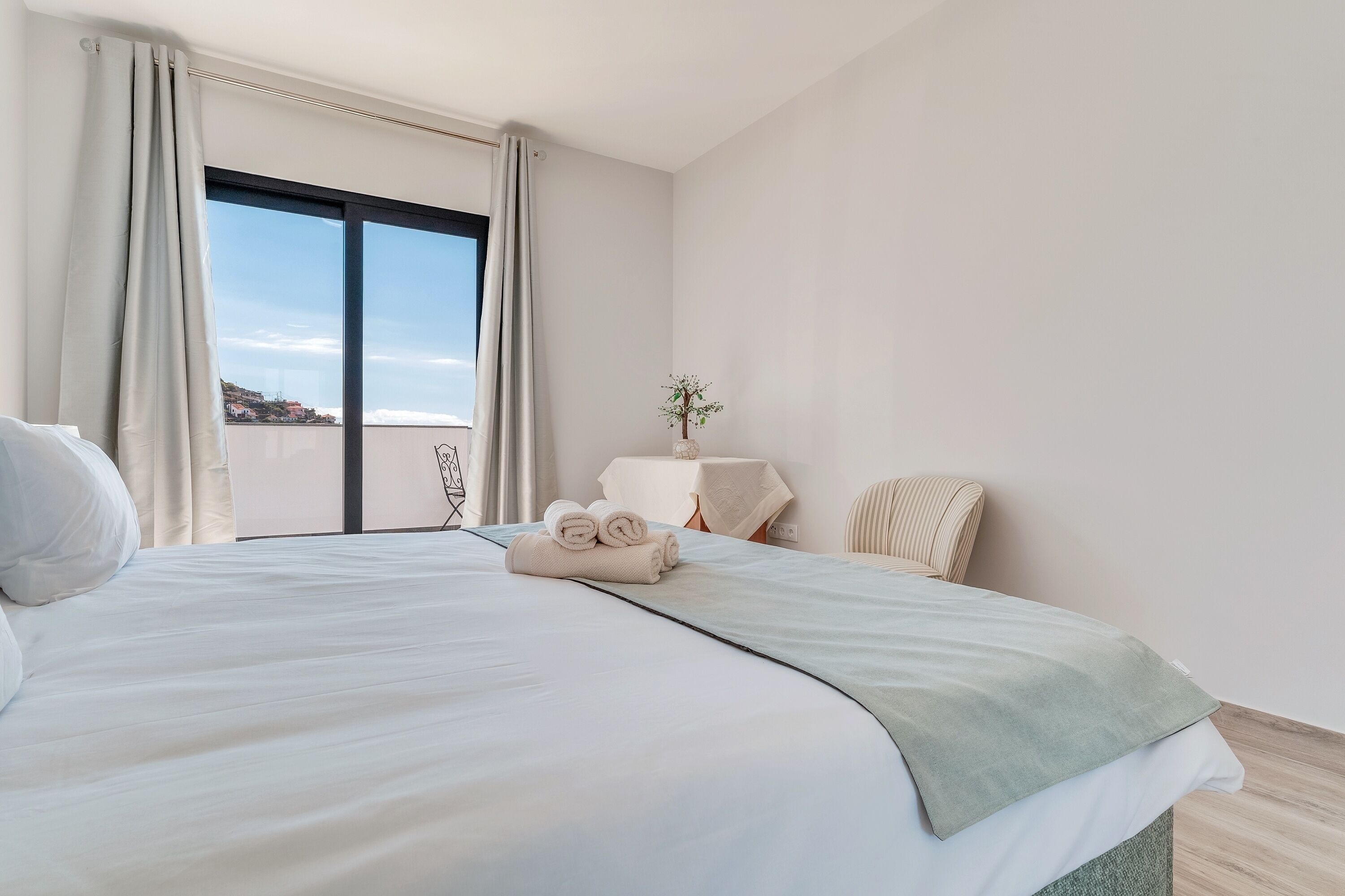 A hotel room with a large bed, a small table with a plant, and a view of the city through the window.