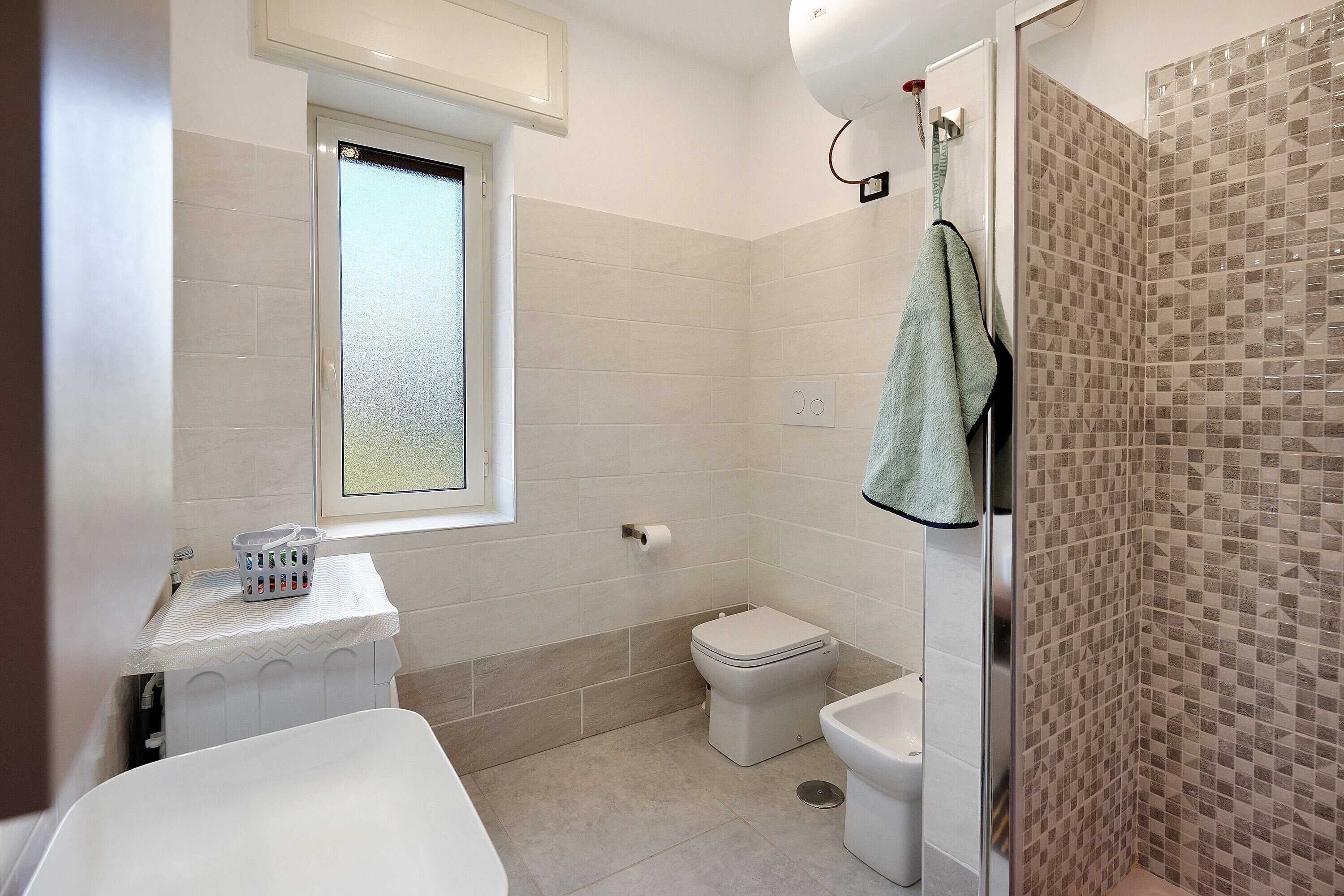 Shower, hair dryer, towels