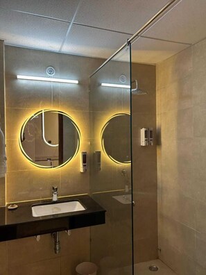 Studio luxueux | Salle de bain | Douche, serviettes fournies, savon