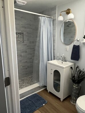 Shower, towels, toilet paper