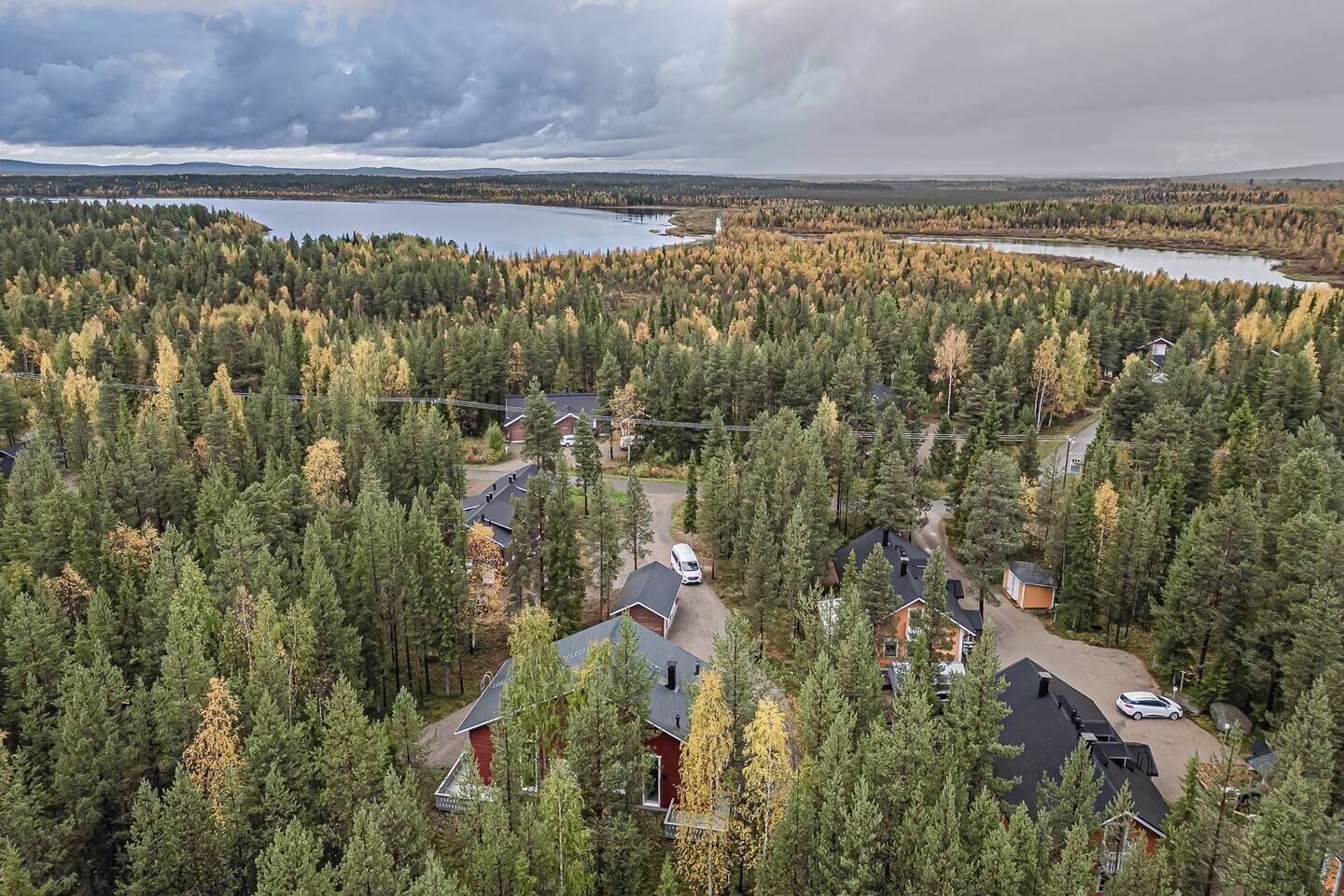 Un quartier résidentiel où les maisons sont entourées d’une forêt dense, avec un lac en arrière-plan.