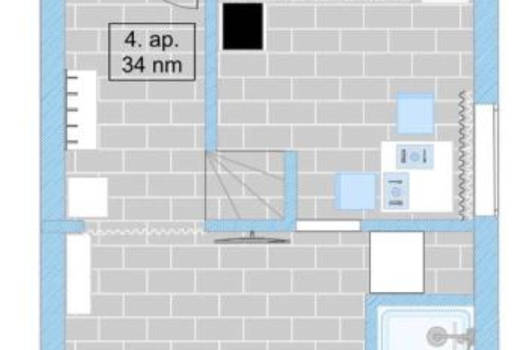 A hotel room layout with a bed, a desk, a chair, a window, and a bathroom.