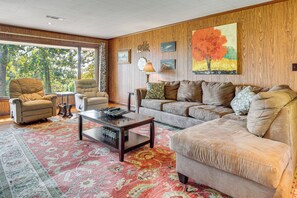 TV, fireplace, books
