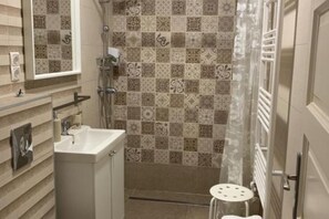 Chuveiro, secador de cabelo, toalhas de banho, sabonete