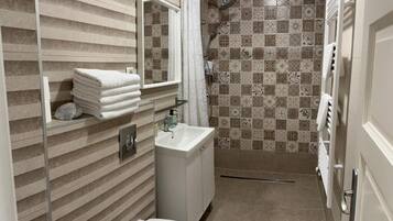 Shower, hair dryer, towels, toilet paper