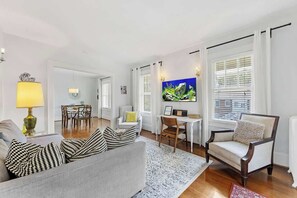 TV, offices - Chic 1BR King Condo | Elizabeth-Plaza Midwood (Charlotte)