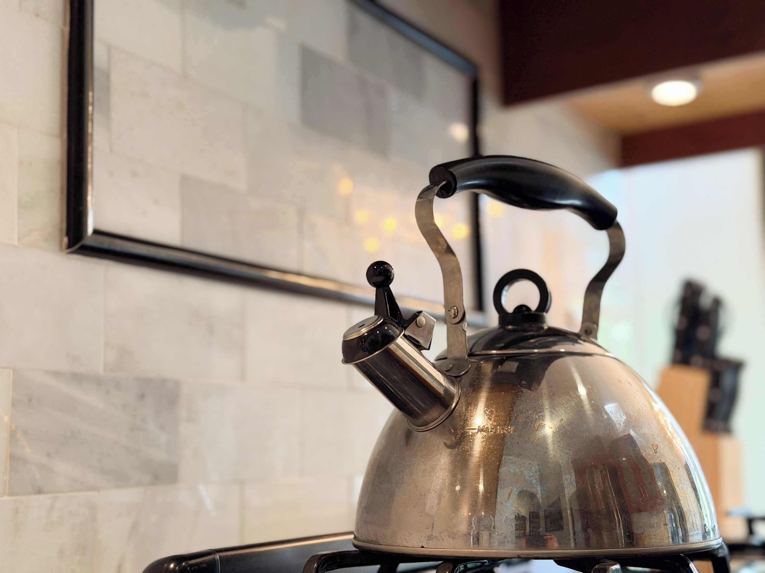 A stainless steel kettle on a stove with a tiled backsplash and a framed picture on the wall.