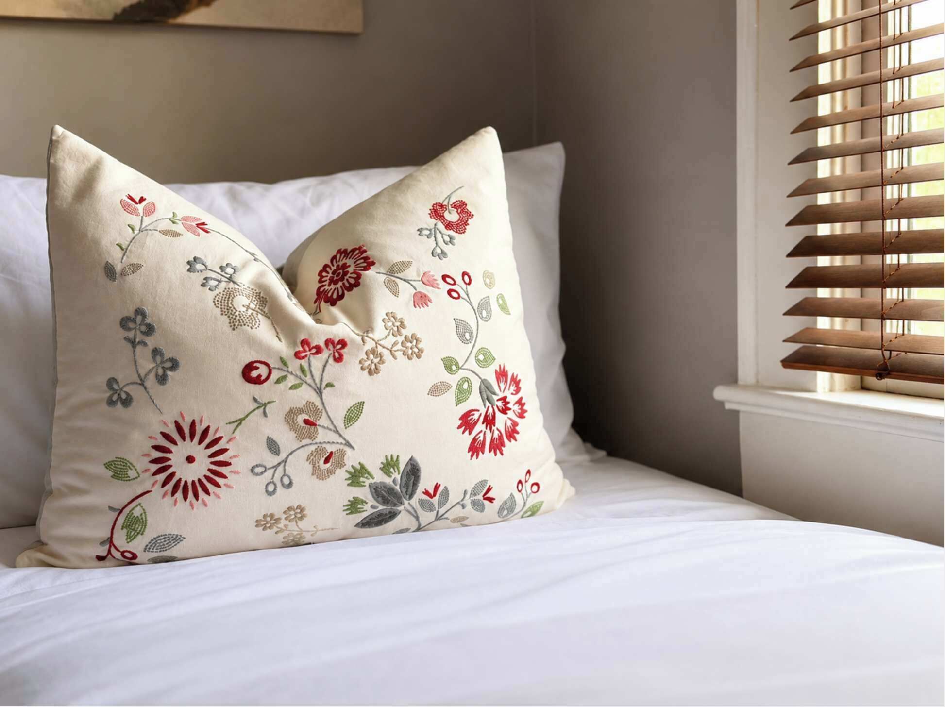 Una cama con ropa de cama blanca, un cojín con bordado floral y una ventana con persianas de madera.
