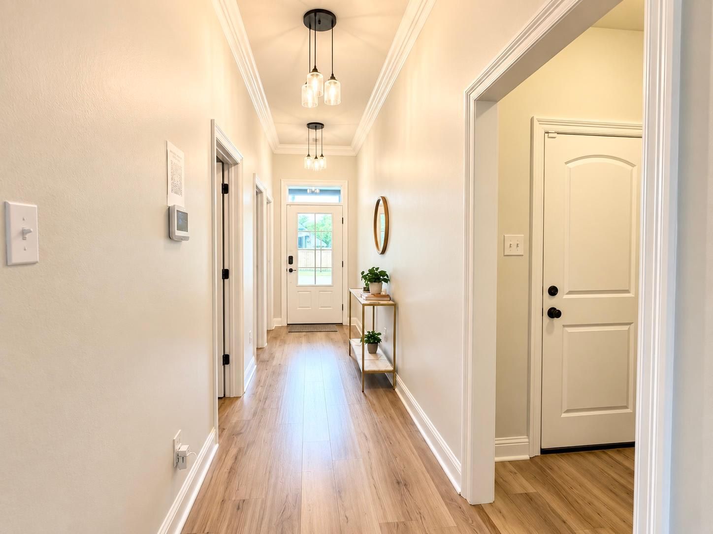A hallway with a door at the end, a light fixture above, and a small table with a plant.
