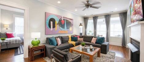 TV, fireplace, offices