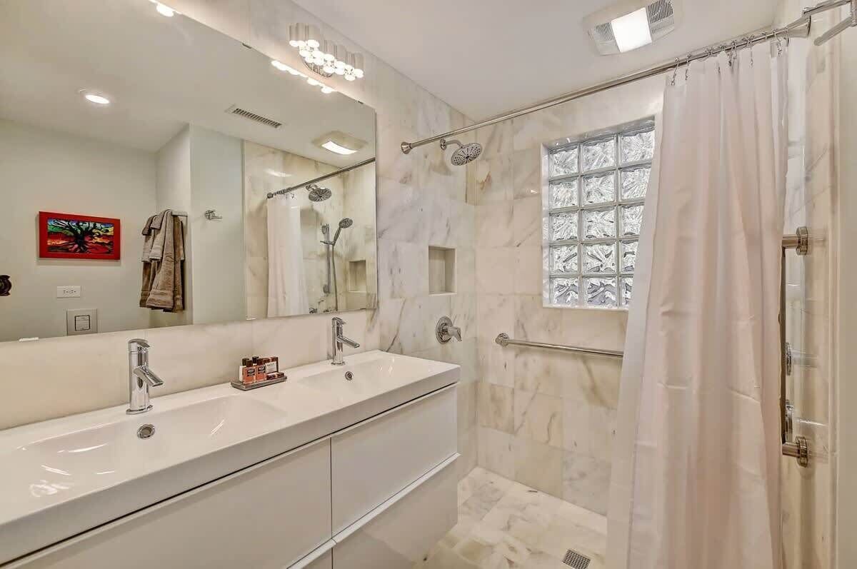 Shower, hair dryer, shampoo