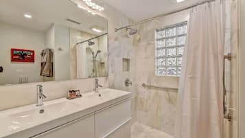 Shower, hair dryer, shampoo