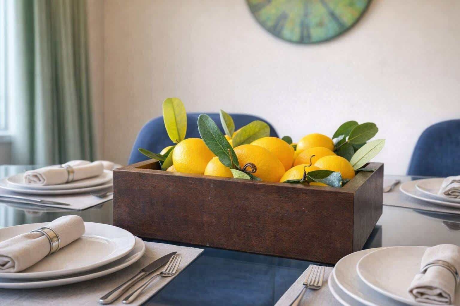 Une table à manger dressée avec des assiettes, des couverts et un saladier en bois rempli de citrons et de feuilles.