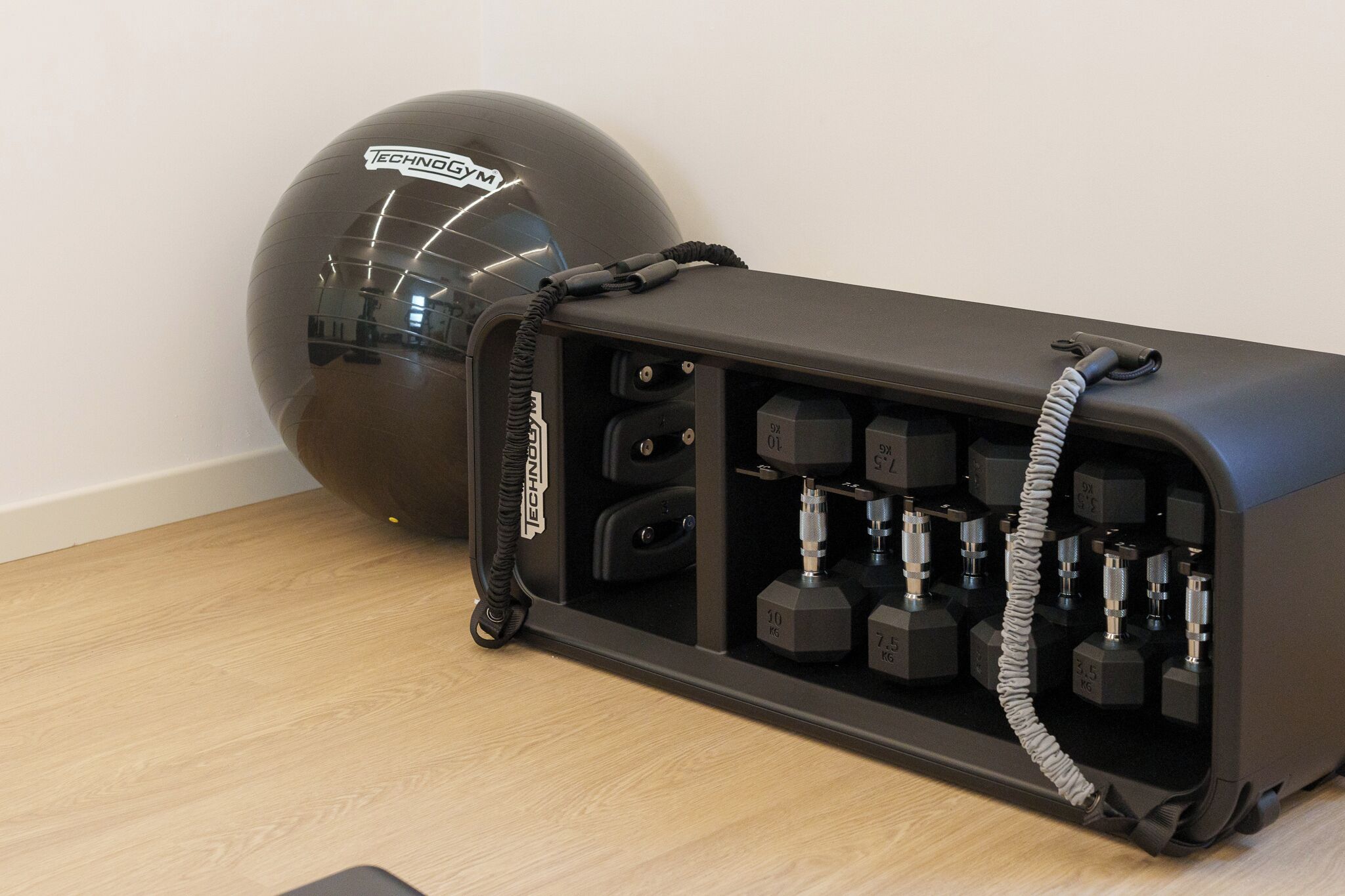 A gym with a black exercise ball and a weight bench with adjustable weights.