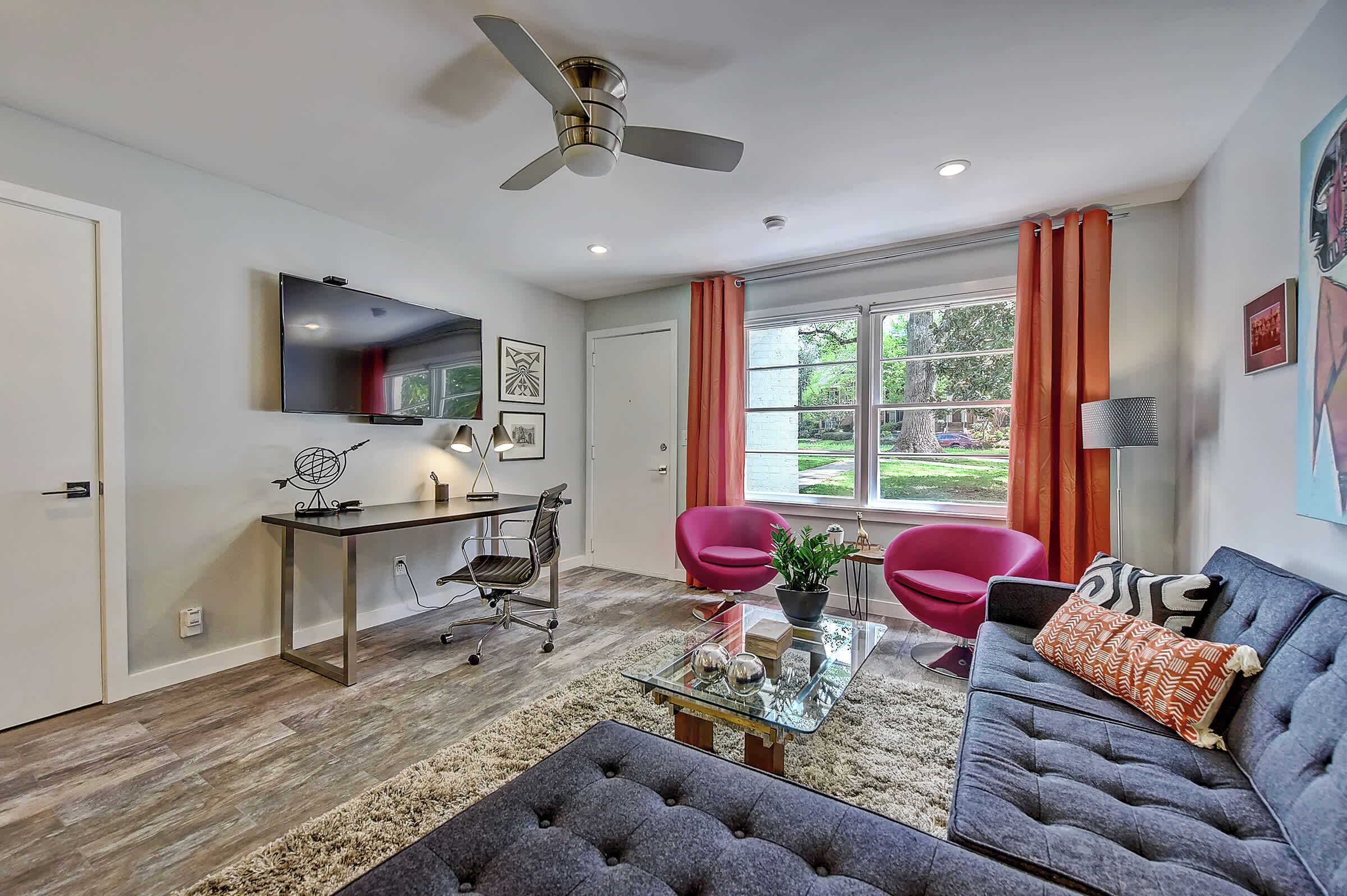 Relax in this sun-drenched living space featuring a large Smart TV and free Wi-Fi for all your needs.