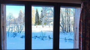 A window with a view of a snowy landscape, including trees and a clear sky. - Cozy apartment with pool and golf nearby (Megève)