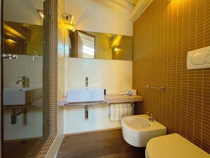 Shower, hair dryer, bidet, towels