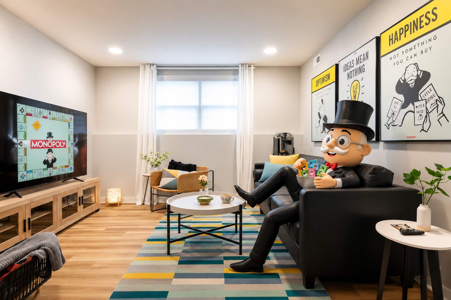Living room with 75-inch TV and sound bar