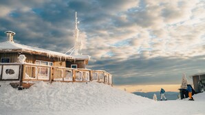 A wooden cabin with a snow-covered roof and a metal fence.