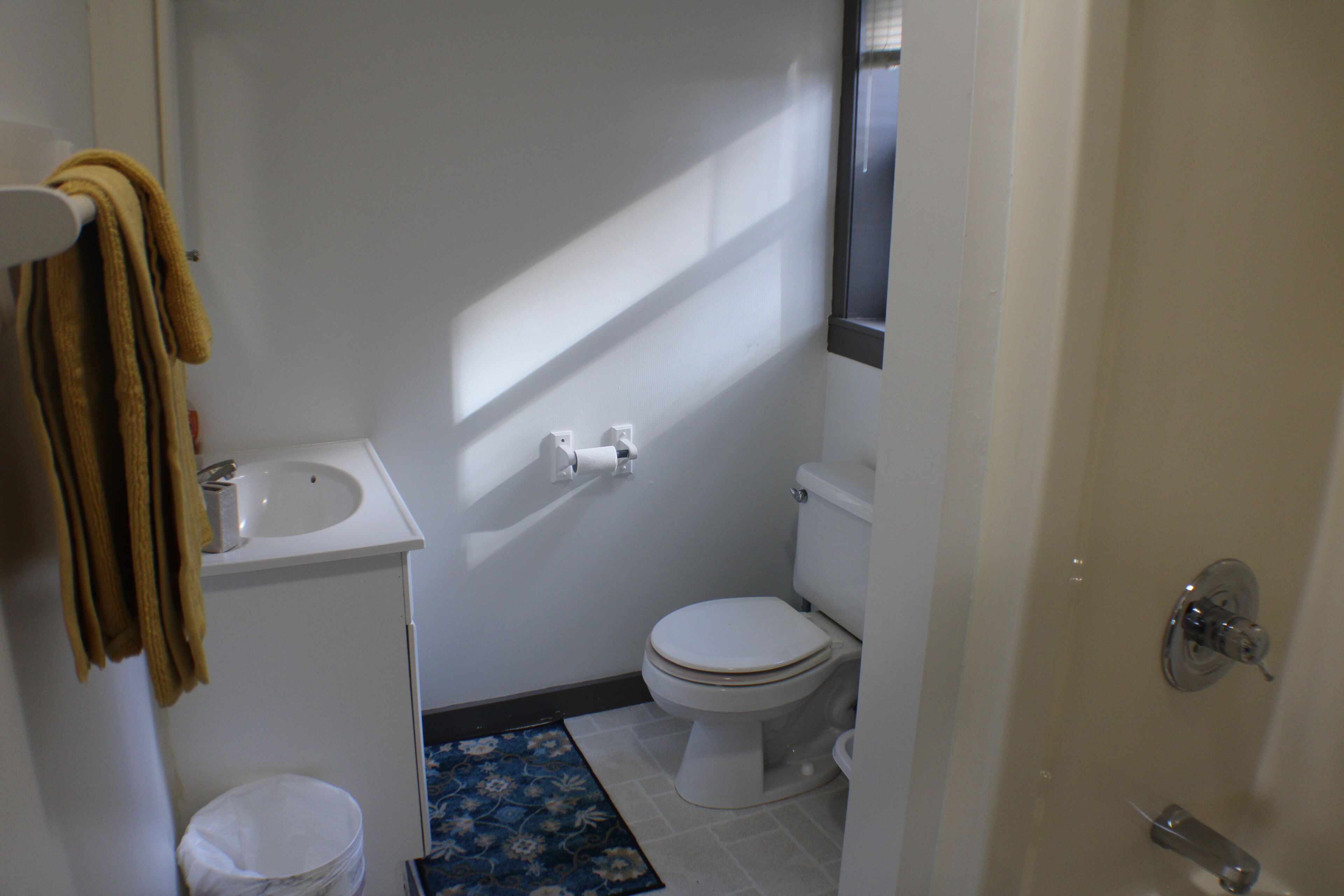 Un baño pequeño con inodoro, lavamanos y un rollo de papel higiénico en la pared.