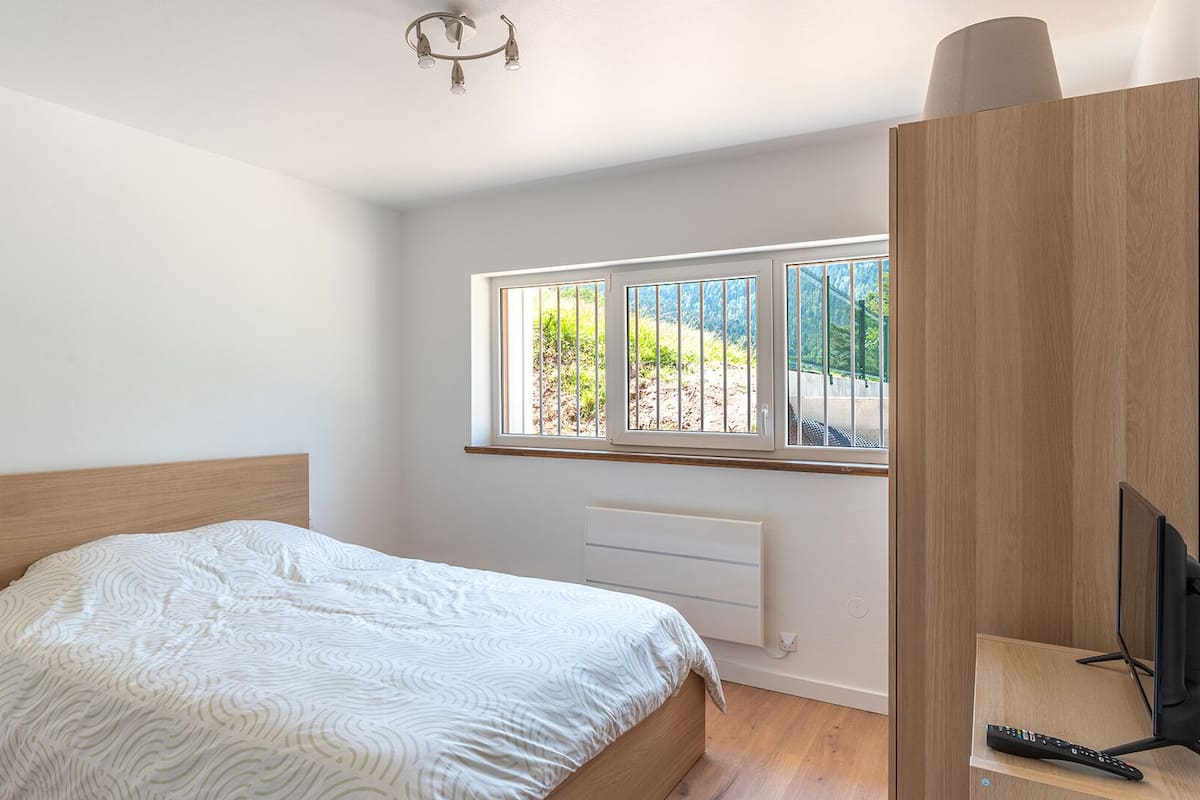 Una camera da letto con un letto, una finestra vista su del verde, un termosifone e un mobile TV con telecomando.