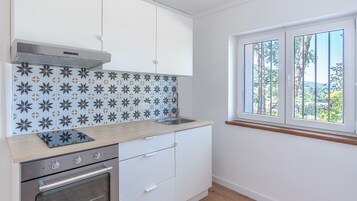 Cocina compacta con armarios blancos, estufa de acero inoxidable, placa de inducción negra y ventana con vistas a árboles y edificios.