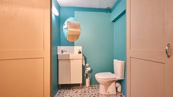 A bathroom with a toilet, sink, and mirror.