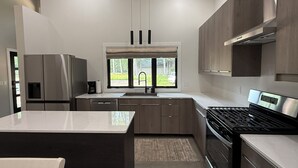 Een moderne keuken met een centraal eiland, roestvrijstalen apparatuur en uitzicht op het groen.